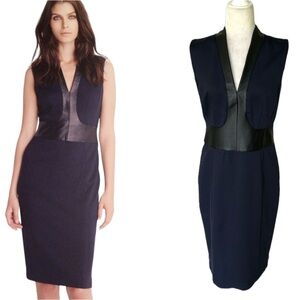 NWT Iris Setlakwe Navy Blue & Black Leather Ponte Knit Sheath Midi Dress - 12